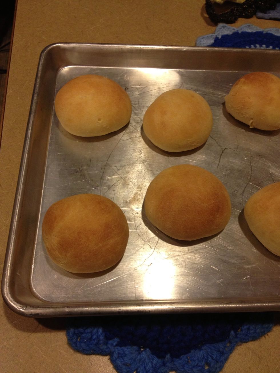 Once doubled in size again, bake at 350 degrees Fahrenheit for about 15 minutes until lightly browned