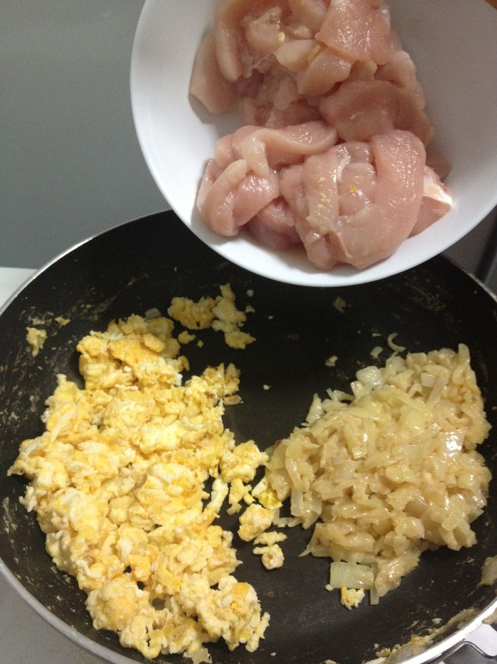 Once eggs are cooked, re-add onion and add chicken.
