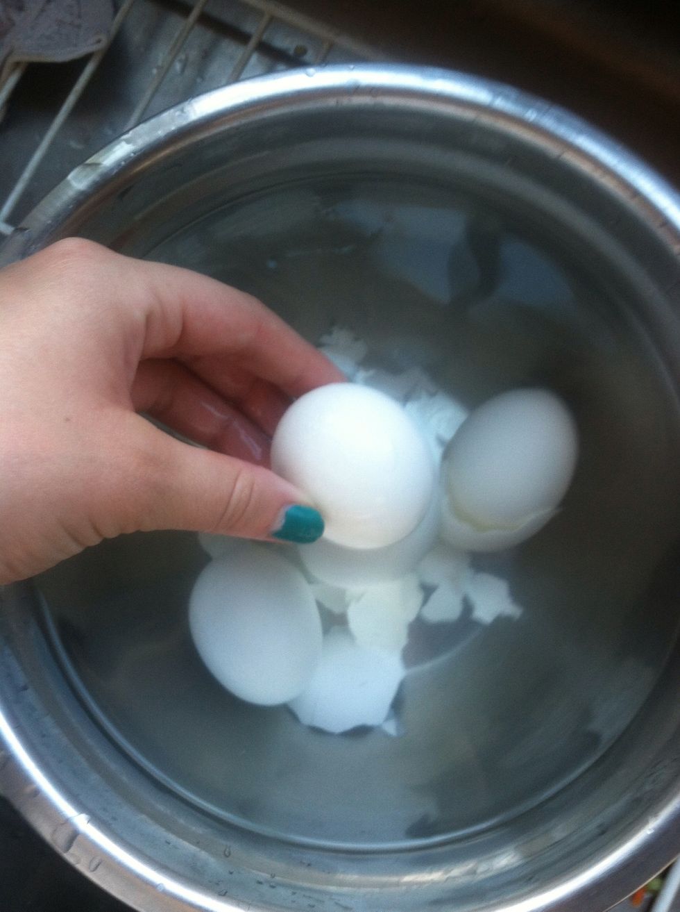 Once eggs are done I place them In a bowl and run cool water over them. Tap egg to crack and begin to gently peel... I find peeling under water or with running water is easiest