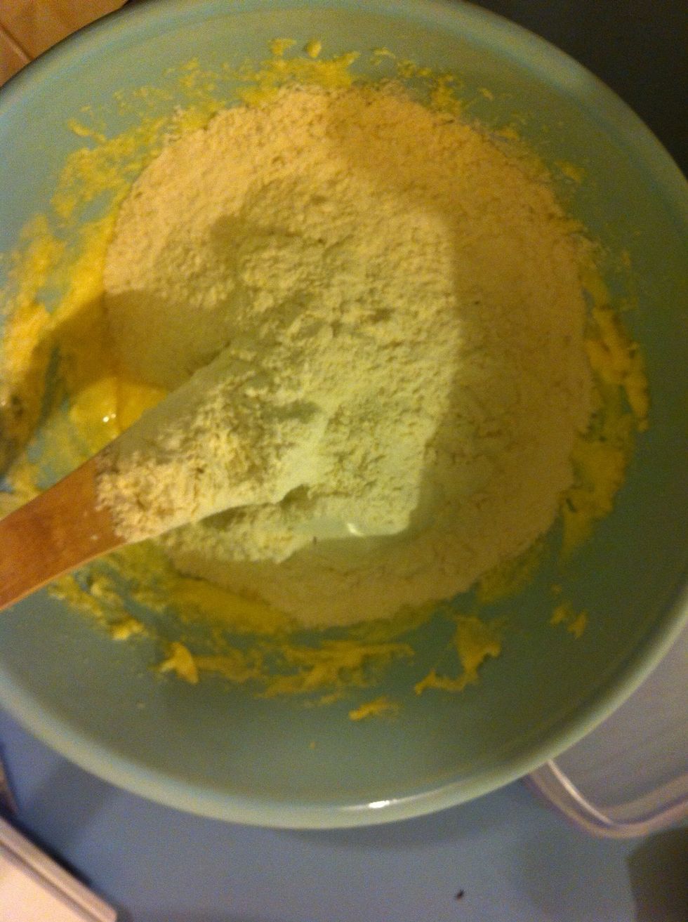 Once eggs are mixed well, add the flour.