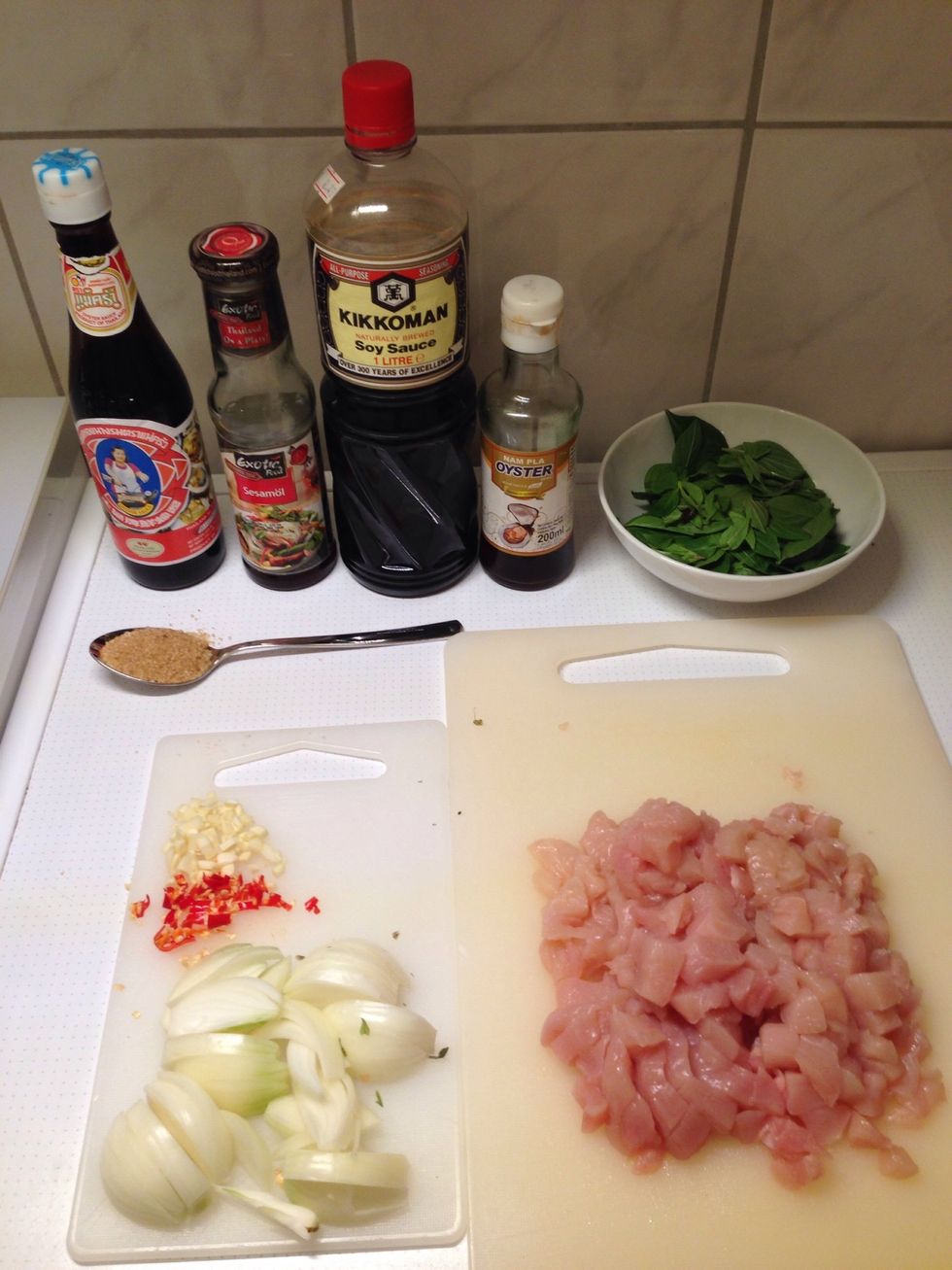 Once everything is chopped, fire up the stove real hot and put some peanut oil in a frying pan or wok. Wait until the oil is hot