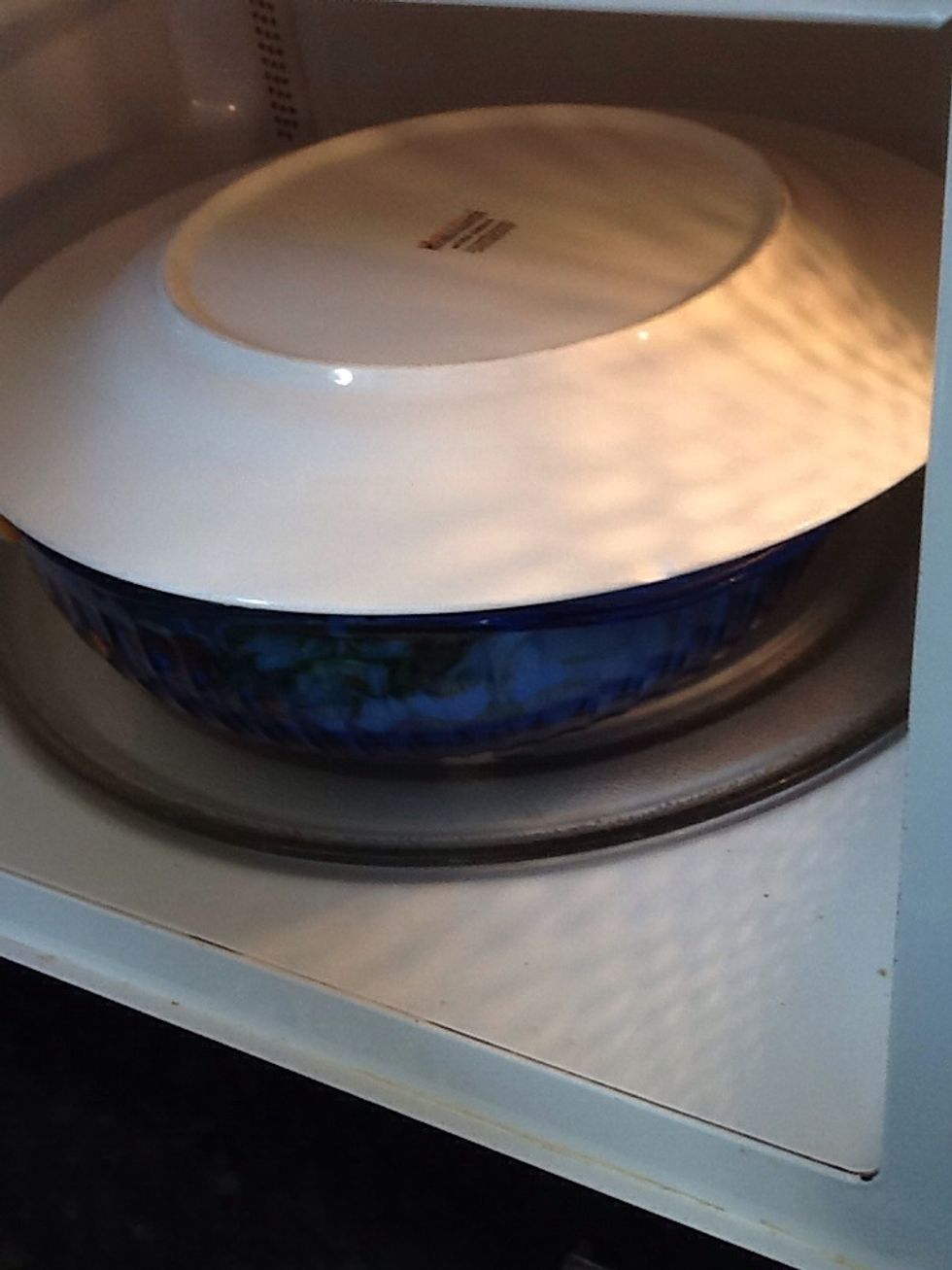 Once everything is mixed put a plate or a lid over your bowl, do not use glad wrap. Then place the bowl with the plate over it into a microwave and heat for 5 minutes on high.