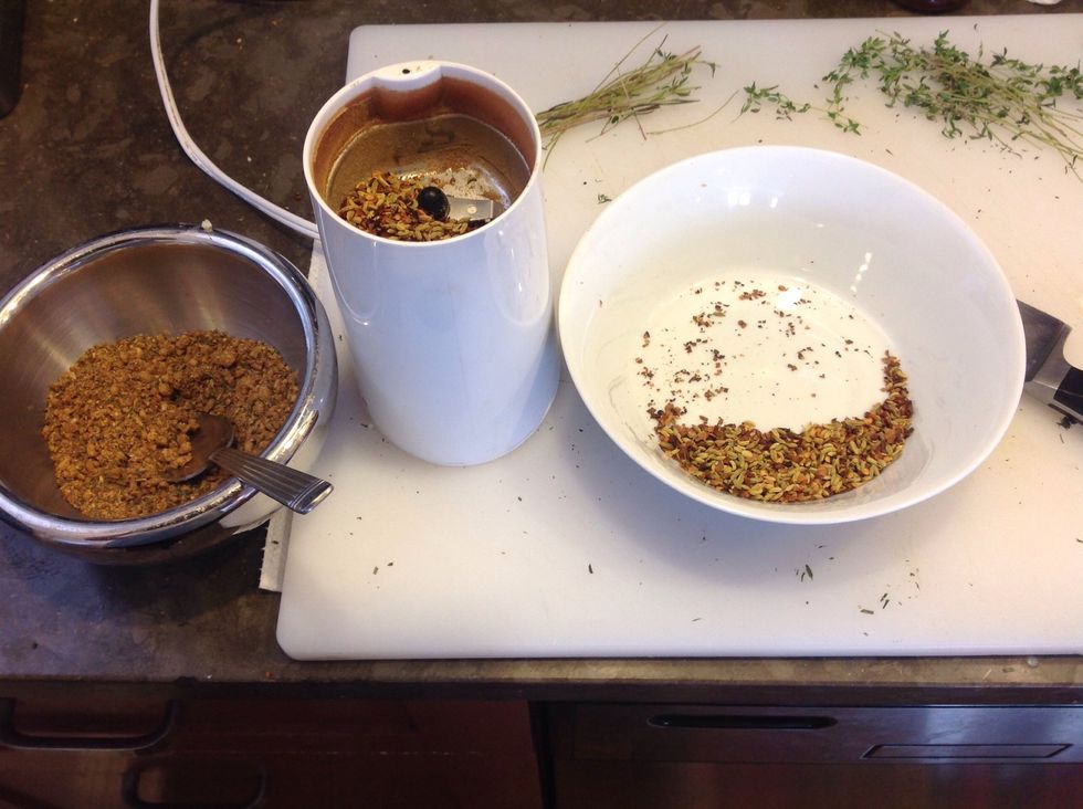 once fennel and pepper have cooled, grind them to a powder, then add garlic, rosemary, and thyme to make a super fragrant dry rub.