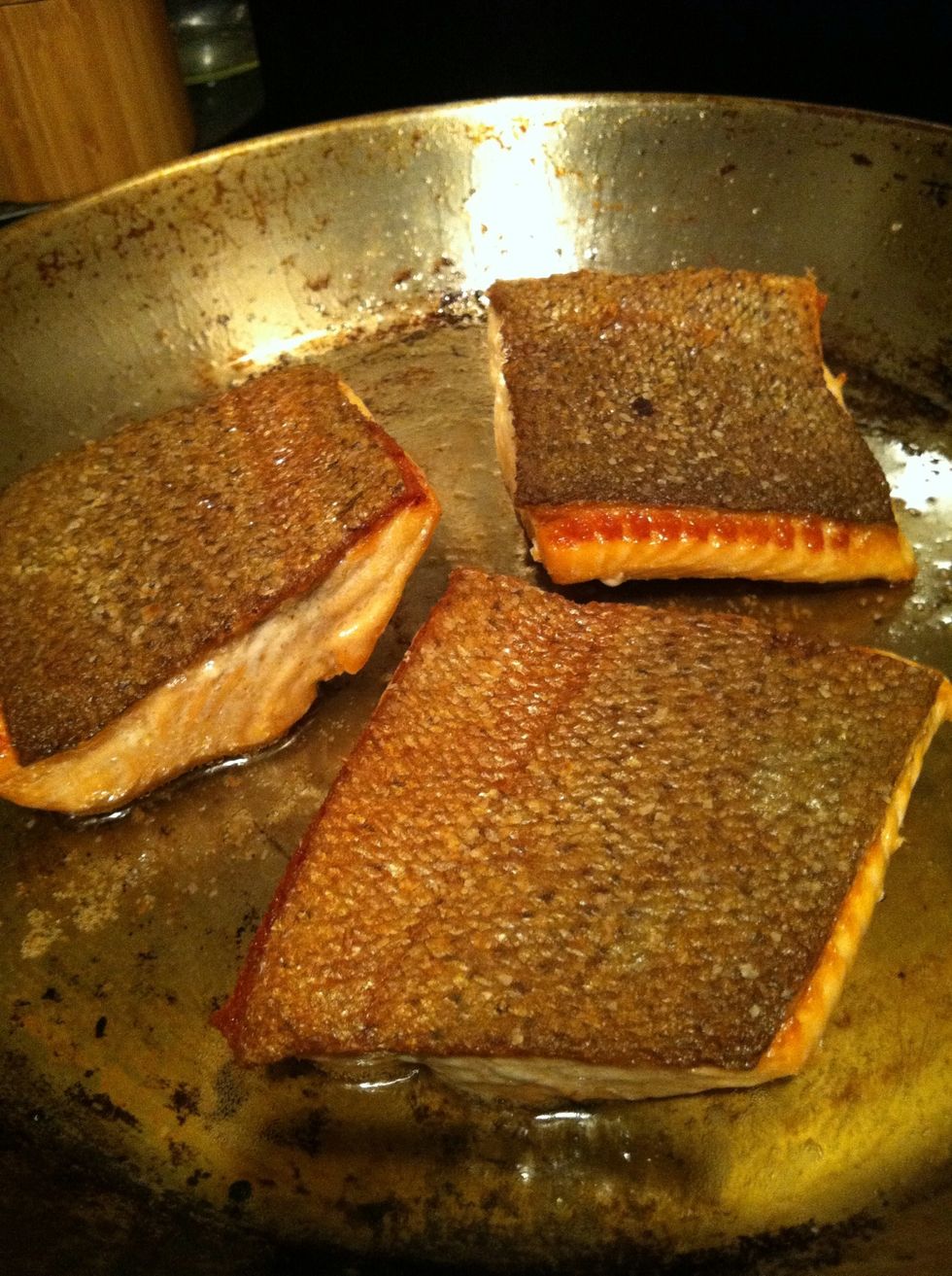 Once finished flip fish immediately so skin won't get soggy with the drop in temperature.