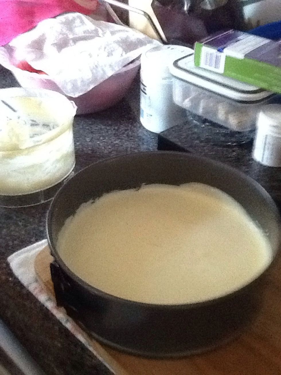 Once finished mixing all the ingredients add to spring form tin on top of biscuit base