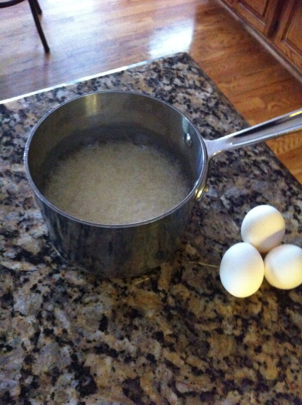 Once finished, sit aside and let cool for 20 minutes.  Allow three eggs to come to room temp and start the pie crust