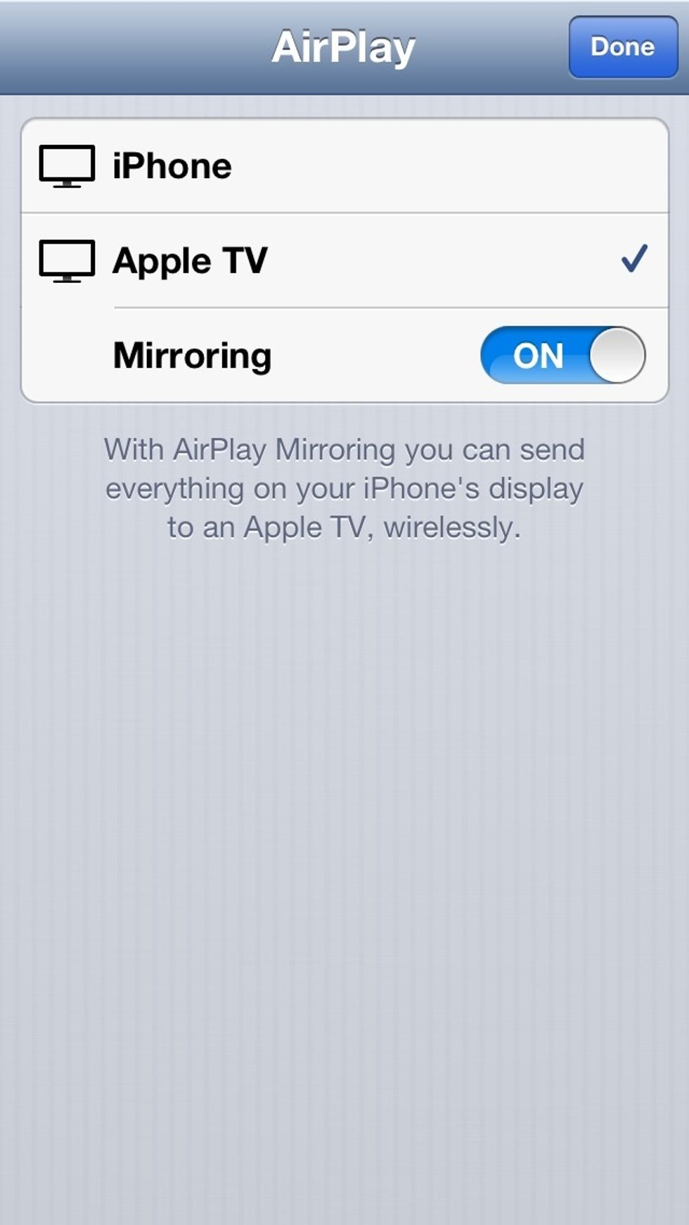 Once finished using AirPlay mode and wish to disable it, return to the preference pane where it was originally enabled (double tap home button, swipe to the right twice and tap on the AirPlay icon).