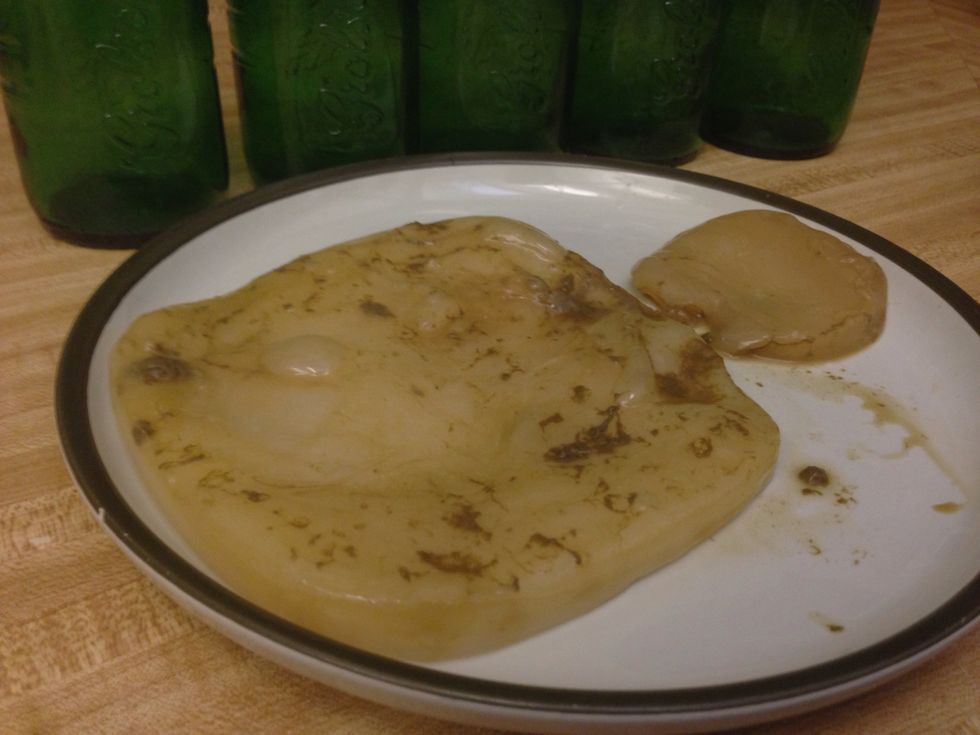 Once finished, you will have two SCOBY's. Separate the mother SCOBY from the baby.