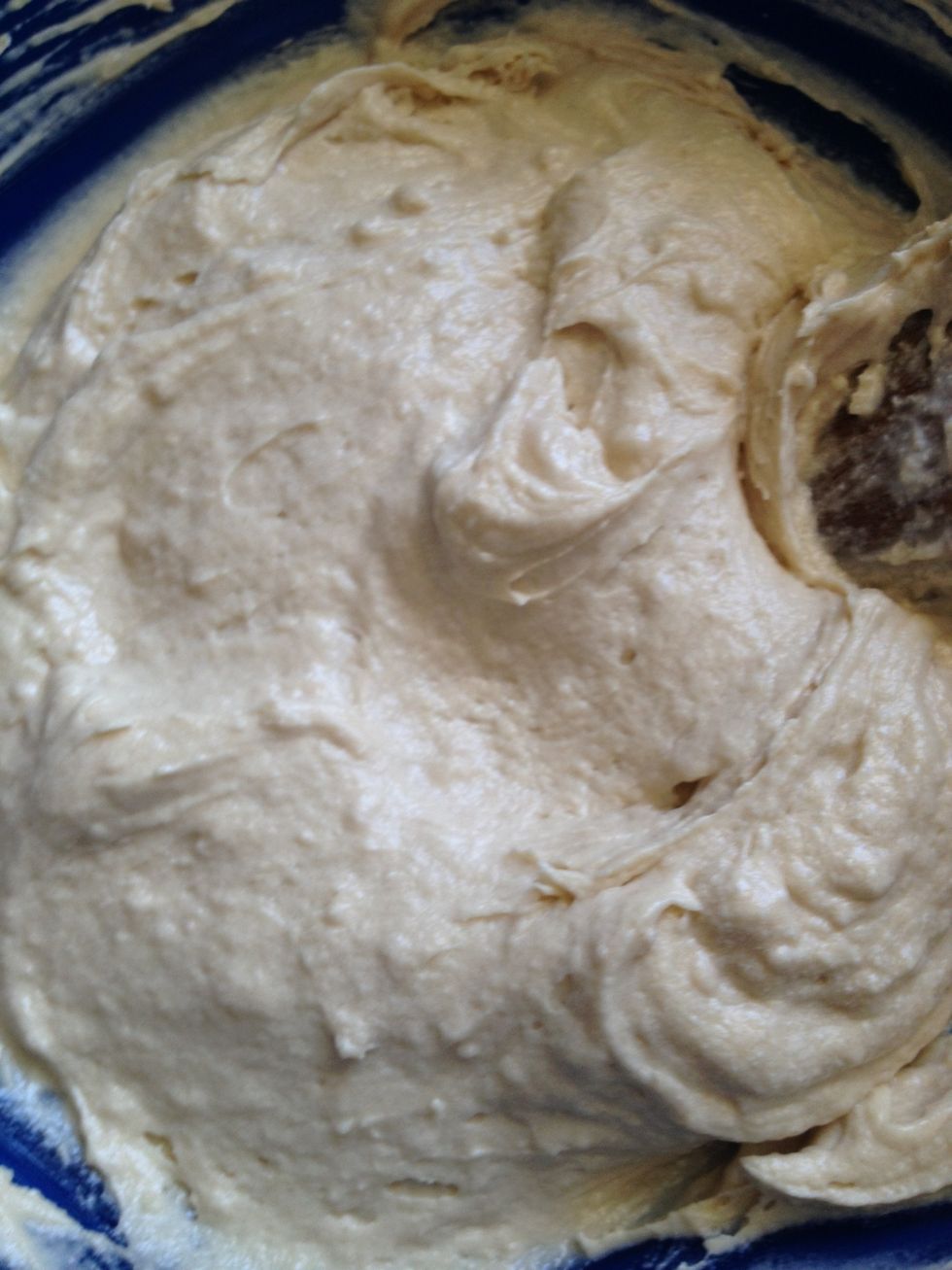 Once flour is mixed in, add milk, again in 2 parts, equaling half a cup of milk. Once milk is whisked in, your batter will look something like this. Nice, smooth and fluffy