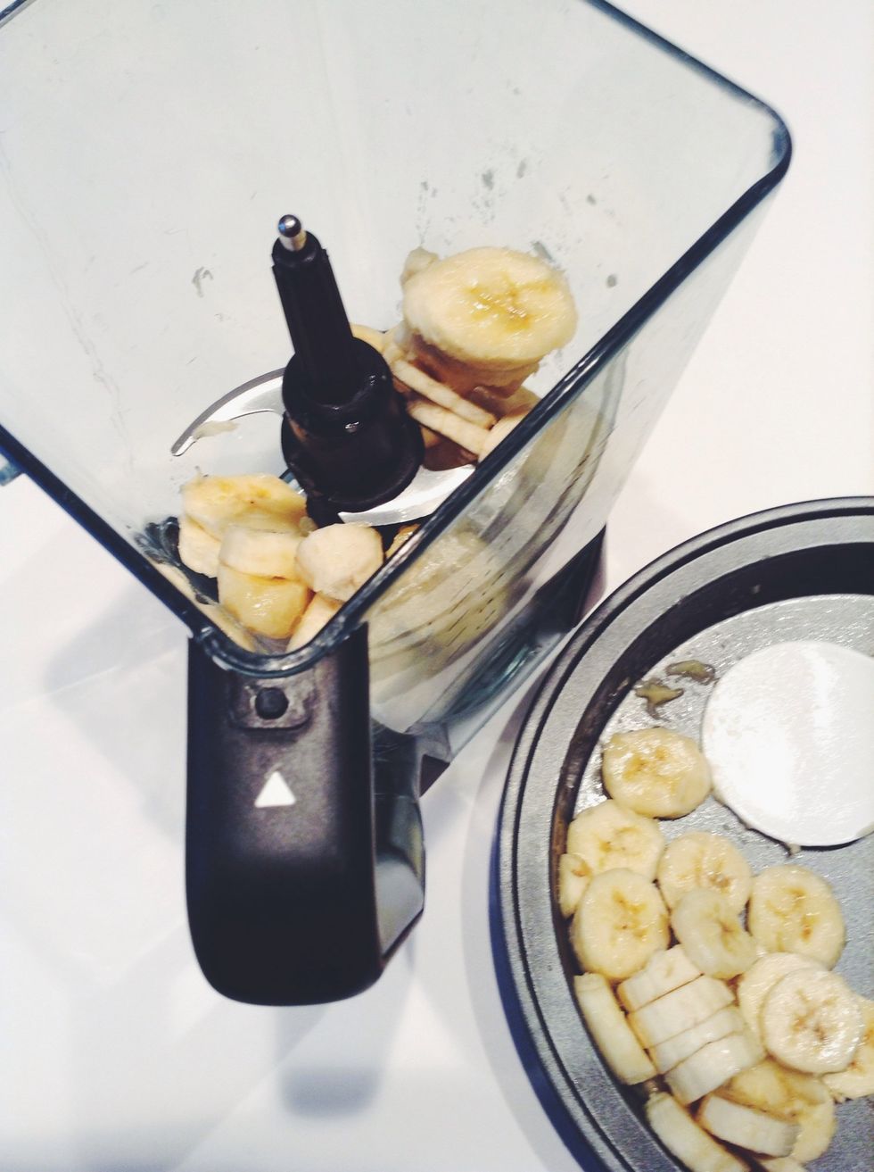 Once frozen, take your bananas and put them in your blender. (At this step, if you are going to make this plain banana, the bananas need to be pretty hard or you will have to freeze again.)