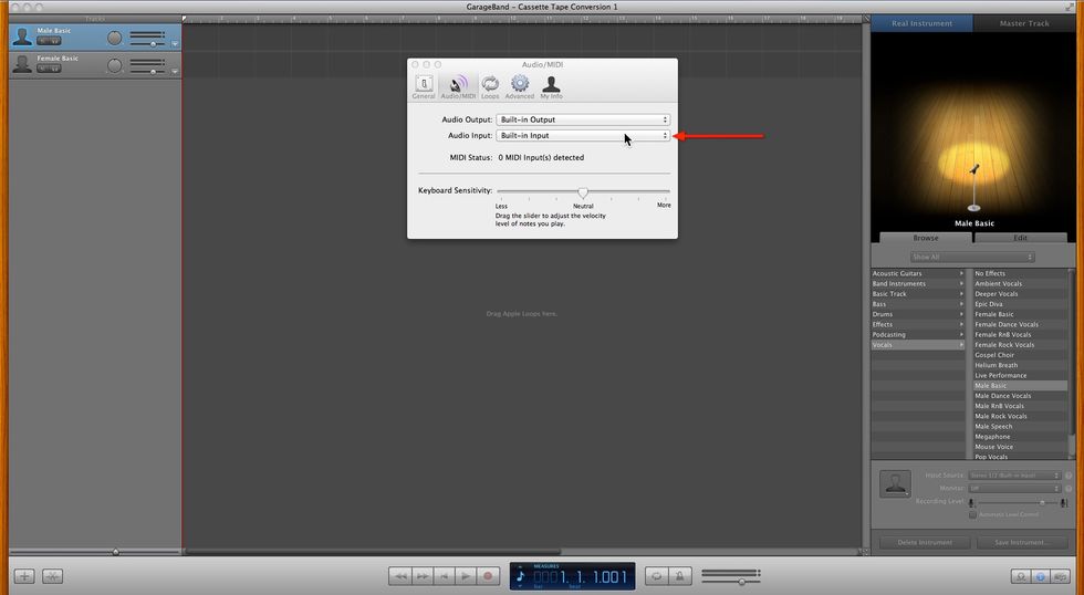 Once GarageBand is open, click the GarageBand Menu, then Preferences, then the Audio/MIDI tab. From the Audio Input drop-down list, click Built-In Input, so that your Mac knows where to listen.