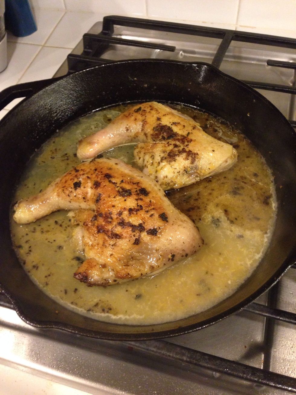 Once golden brown on both sides, add liquid mixture of lemon juice, zest, and broth to the pan. Place in the oven for roughly 25-30 minutes, or until internal temp reaches 175 degrees.