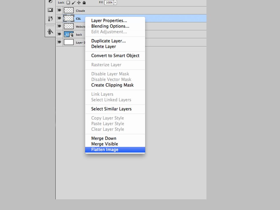Once happy with your design its time to flatten the layers. To do this simply scroll over to your layers, left click with your mouse and select Flatten Image. This will turn them into one layer.