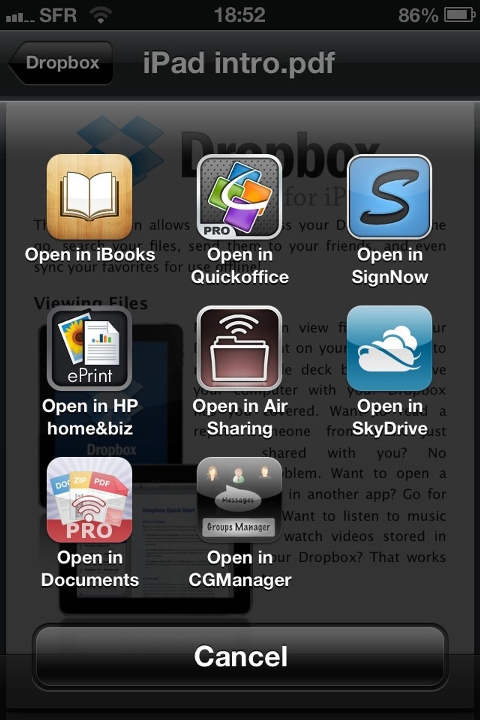 Once in your options (yours will look a little different I am using ios6) select open in signNow