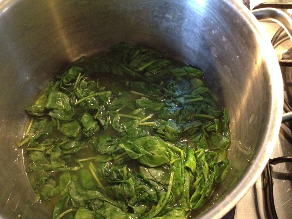 Once it have dwindled down, pour off the water. If the spinach leafs are big cut them at this stage.