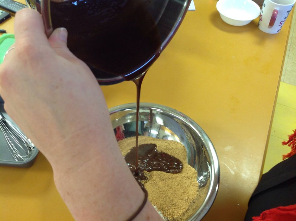 Once it is completely melted and is a smooth mixture, pour it into the bowl of graham crackers and coconut.