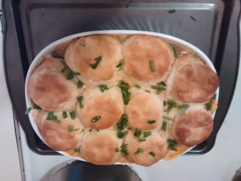 Once it is done baking and is golden brown, you can top with chives and sour cream!