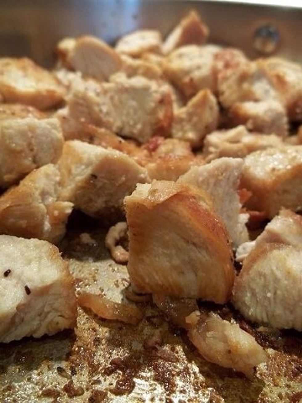 Once it's done allow it to cool and cut it up into bite size pieces. Place back into the pan and set aside.