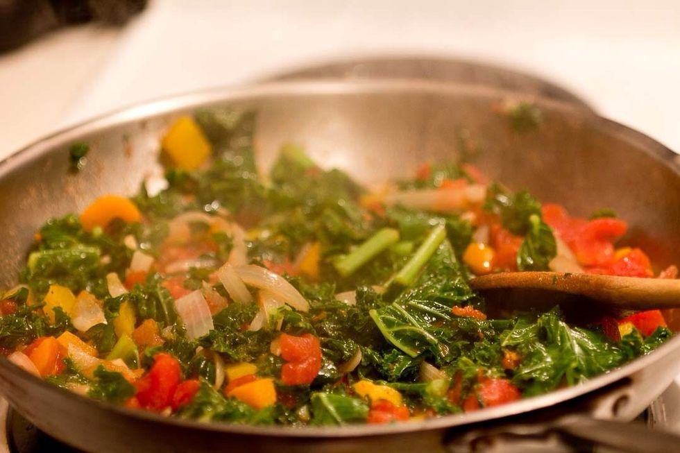 Once it's mixed just cook for a few more minutes to soften the kale stems and ribs a bit more. No need to over cook the kale to mush, I like it with a bit of bite still