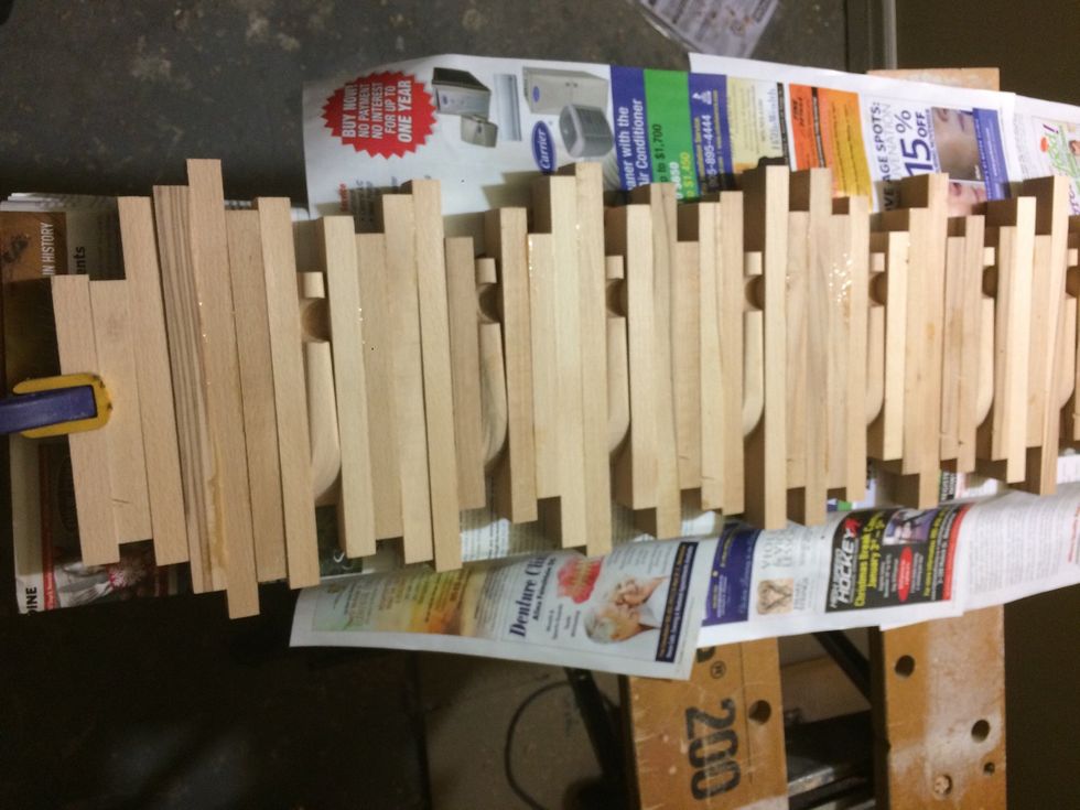 Once it was dry I noticed that it wanted to fan out, because I only had it glued around the dowel. So I need to put braces in between the hooks.