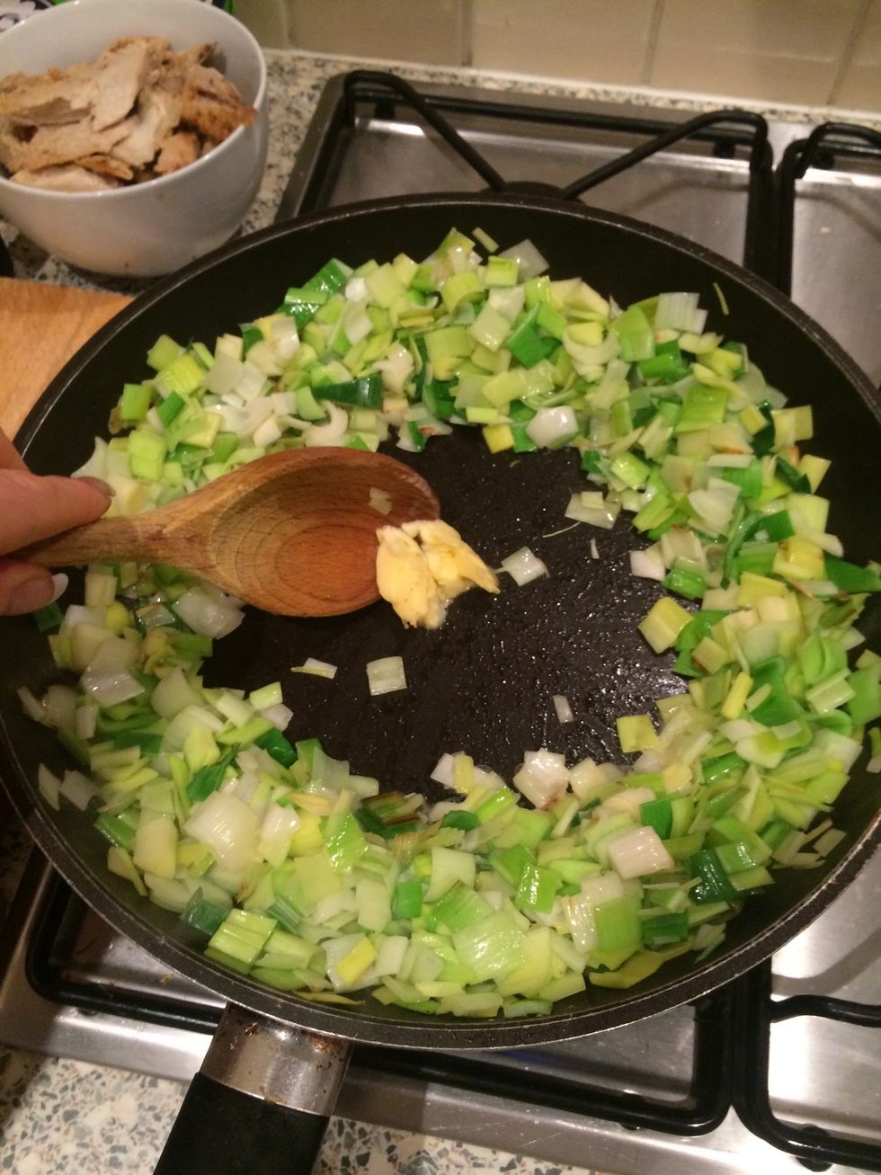 Once leeks softening, move to outside of pan and add a little more butter