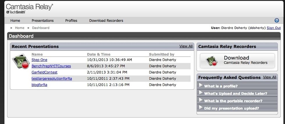Once logged in, this is the Relay dashboard where you can view presentations, adjust your profile and access all the downloadable software files. Click the Download Camtasia Relay Recorders link.