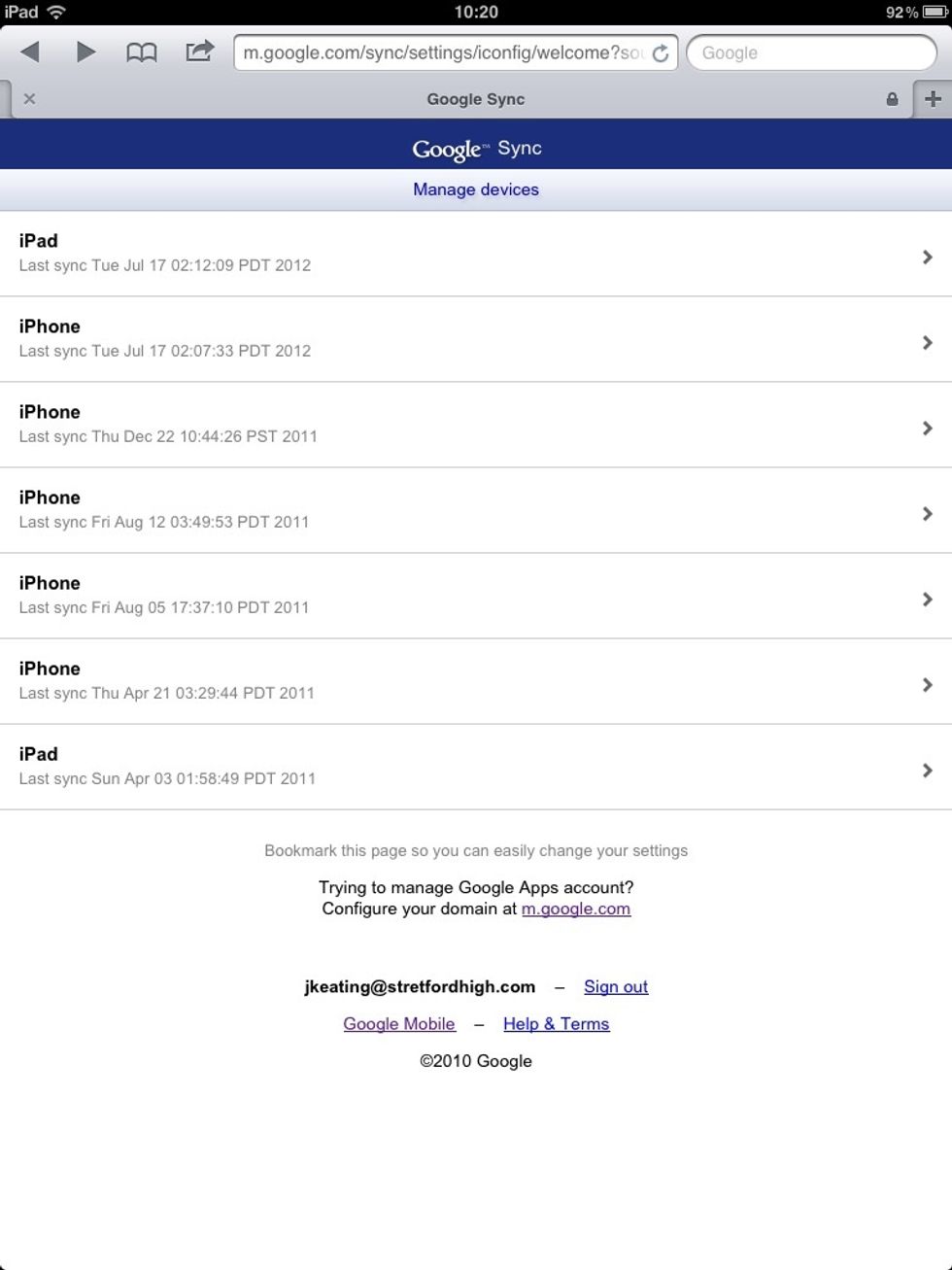 Once logged into the SHS website, enter the new web address, m.google.com/sync Then tap Go. Select iPad. You should have a smaller list than the one showing here!