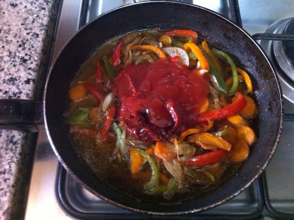 Once maturity, add the water and amount of tomato paste, ketchup and soy sauce\u060c\u060c stir them and let it for 2 minutes ,, if u see it like soup put amount of cornstratch to make it thick