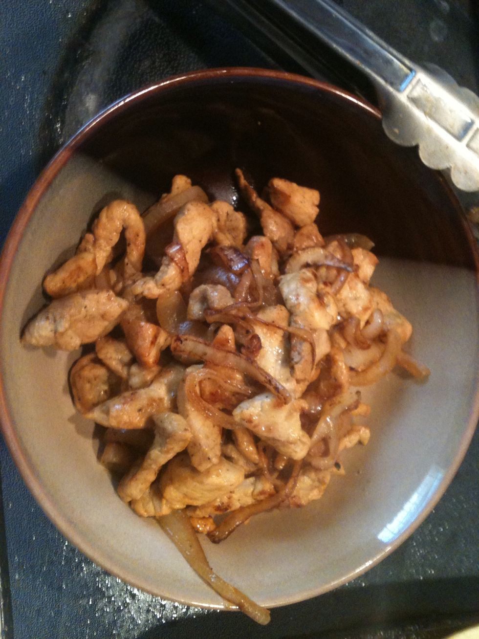 Once meat is brown and cooked all the way Scoop out of the pan.