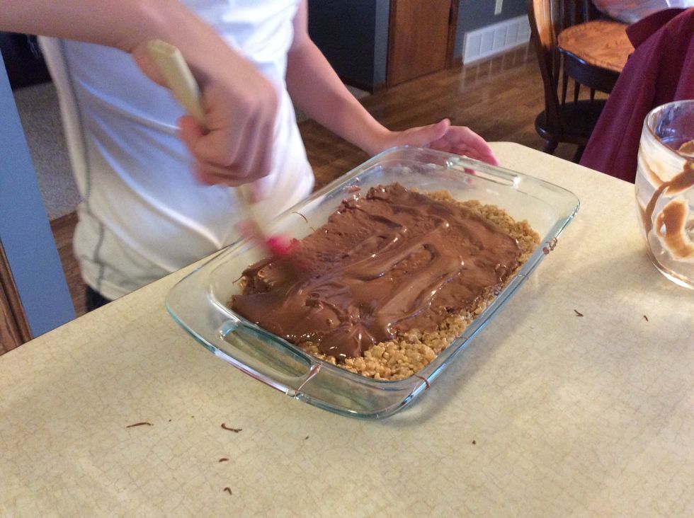 Once melted completely pour it on the pan that has been sitting and smooth it out