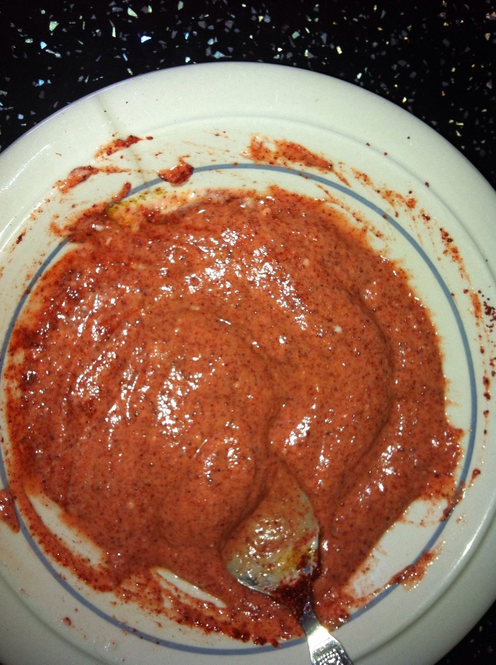 Once mixed it should look like this. Don't worry about exact measurements, I used 4-5 heaped tablespoons of Greek Yogurt... Add the salt and the Chilli, I forgot to pop mine in but I'll do it later..