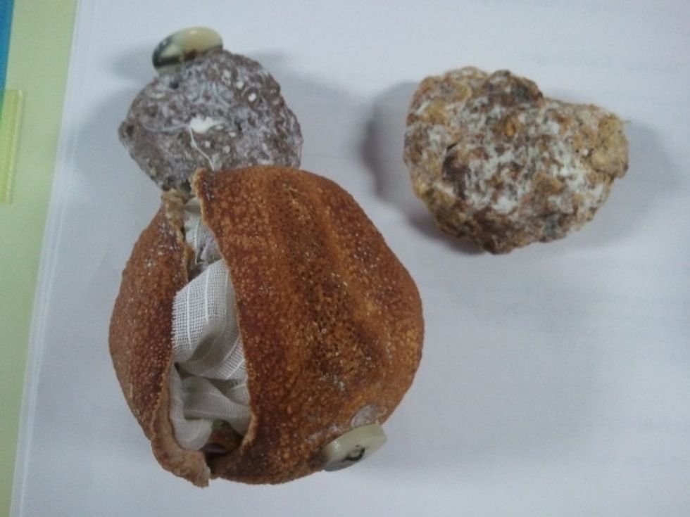 Once mummified, remove fruit and internal organs from natron.  Your mummy is now ready to be stuffed and wrapped with linen.  The internal organs are ready for a canopic jar.