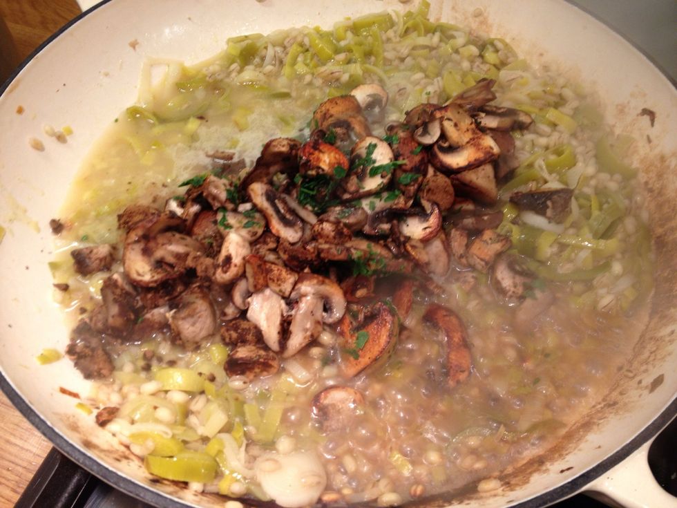 Once nearly all if the water has absorbed add the mushrooms, some chopped parsley and salt and pepper