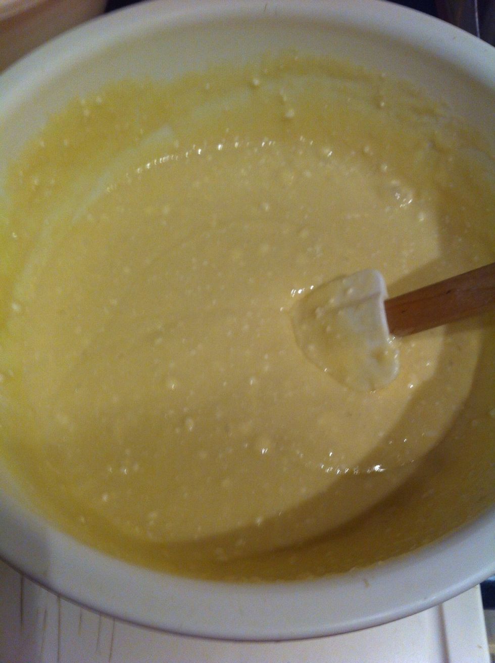Once nicely blended approx a minute or so, pour into prepared pans