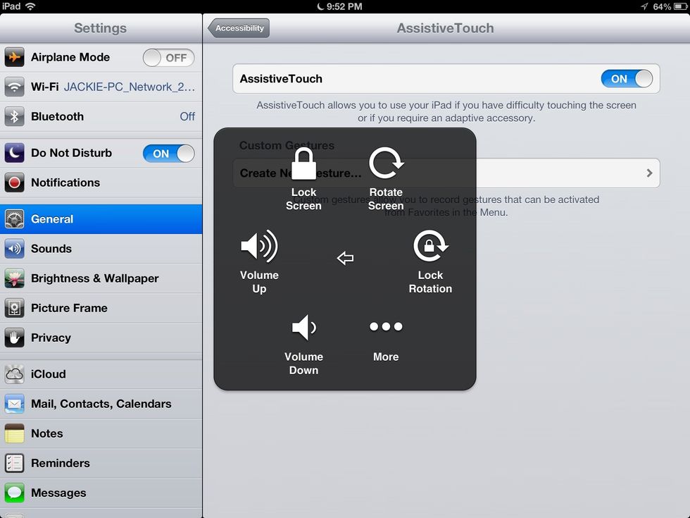 Once on "Device",press "Lock Screen", which will turn off your iPad. Assistive Touch can also be used to turn up and down volume, rotate and lock screen, take screenshots, and more