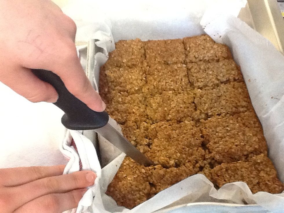 Once out of the oven score where you are going to cut the flapjack as it then allows it to set properly