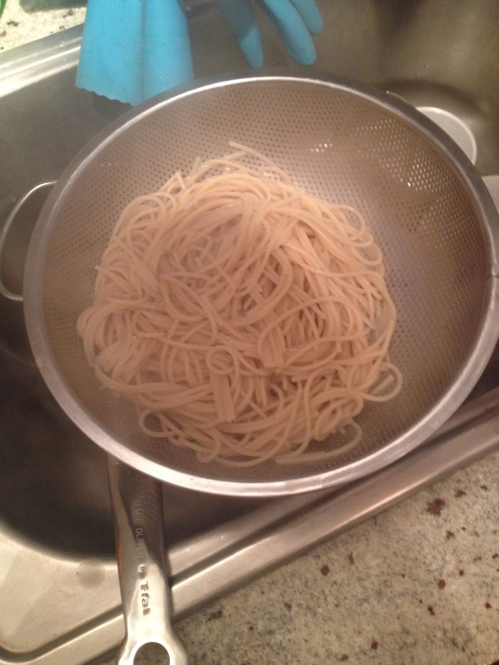 Once pasta is cook, drain the water. Save a one cup of pasta water for later