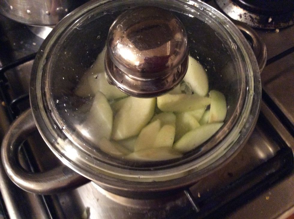 Once quartered, cut apple pieces into thirds then cook on low heat for 5-10 minutes, aslo make sure to add a slight amount of water and to preheat oven to 180 C.