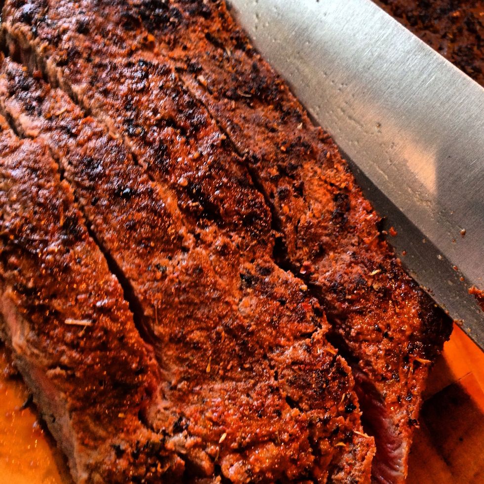 Once rested, slice the meat into thick fingers, if you slice at an angle it will cut easier and look great.