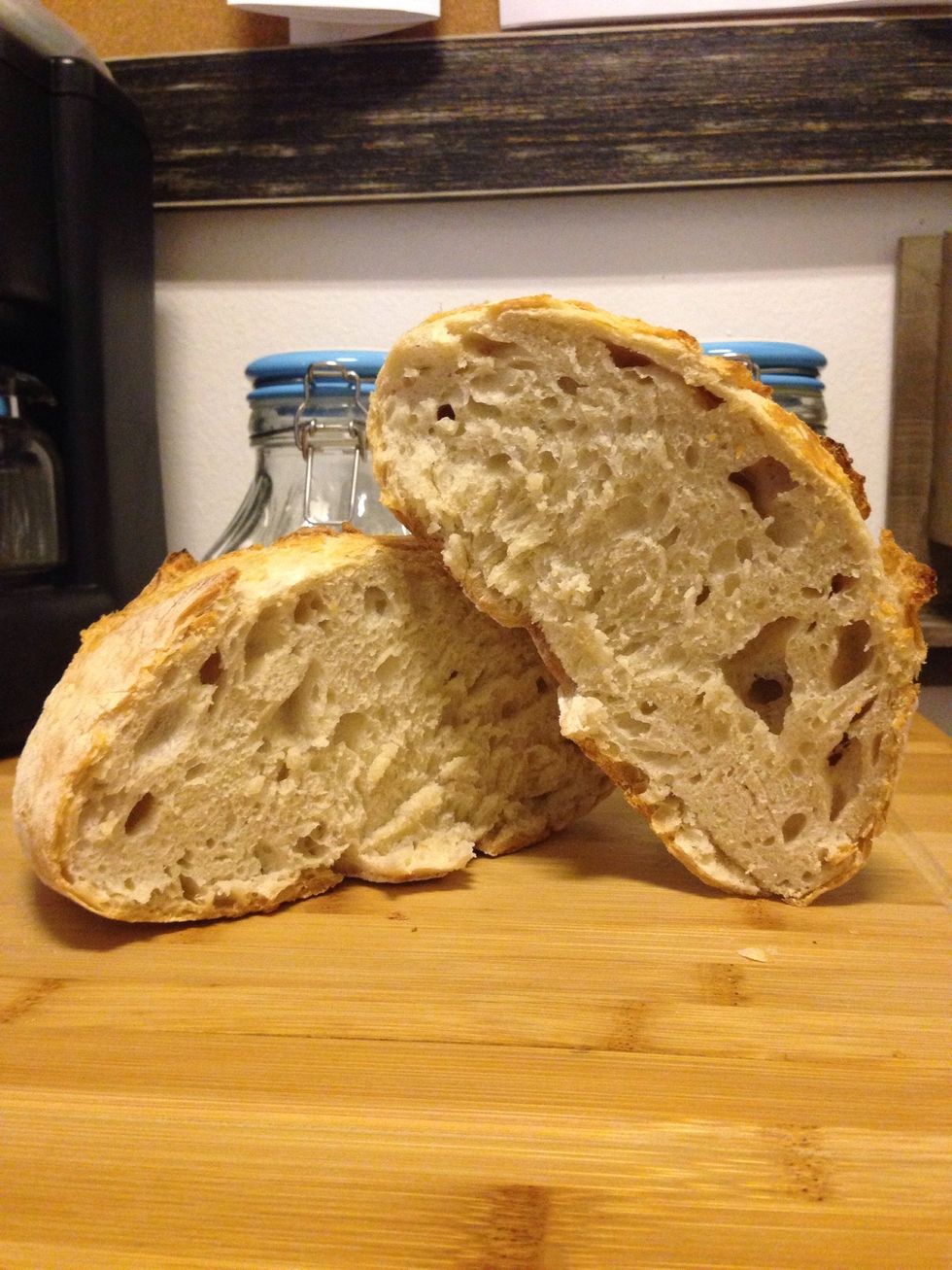 Once slightly cooled, slice your bread and enjoy! I absolutely love this crusty on the outside/chewy on the inside bread and eat it with sandwiches, eggs, dips, pastas, and more! Enjoy!