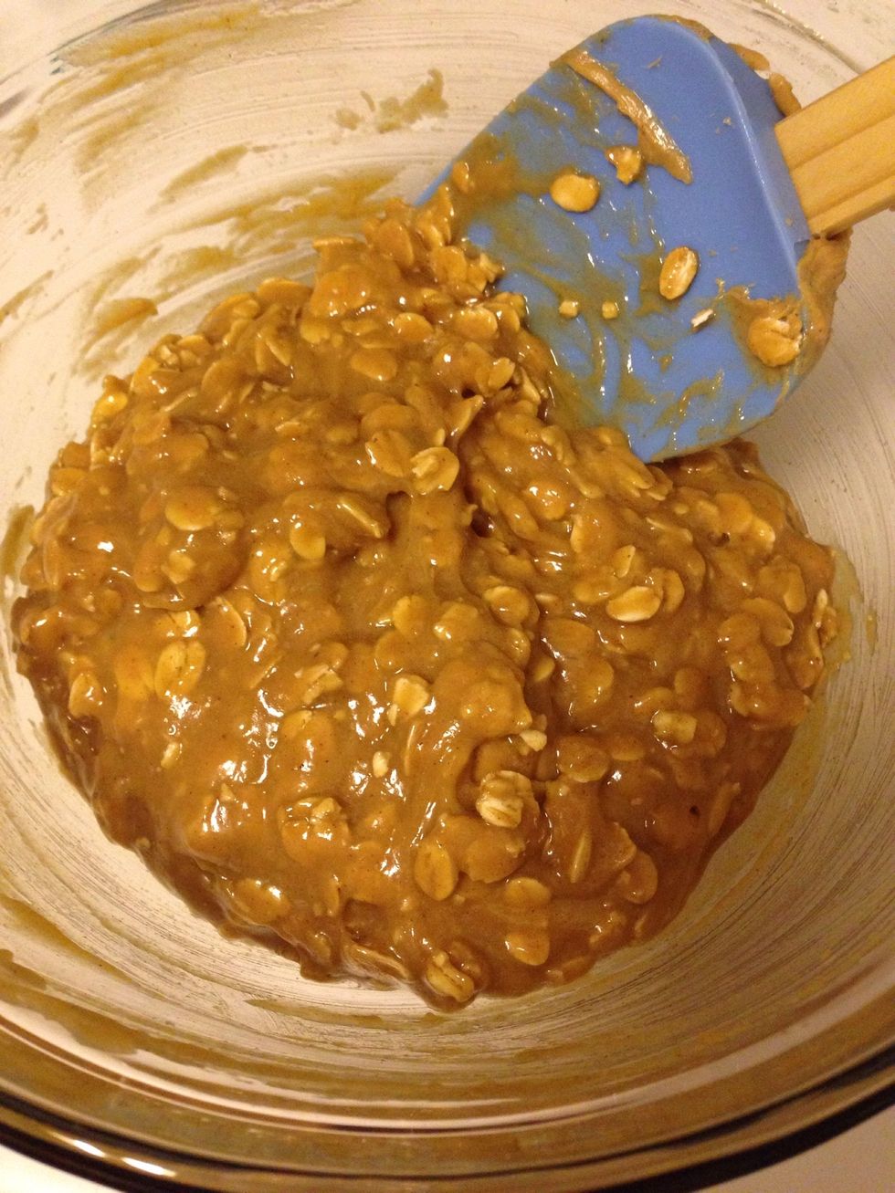 Once smooth, add the oats/baking soda and mix until evenly combined. Stir in optional chocolate chips.