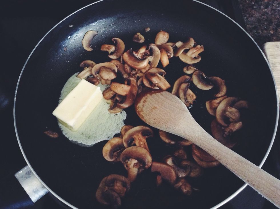Once softened, add 4 tablespoons of butter. I'm using unsalted but you can use salted, just make sure to taste for saltiness later.