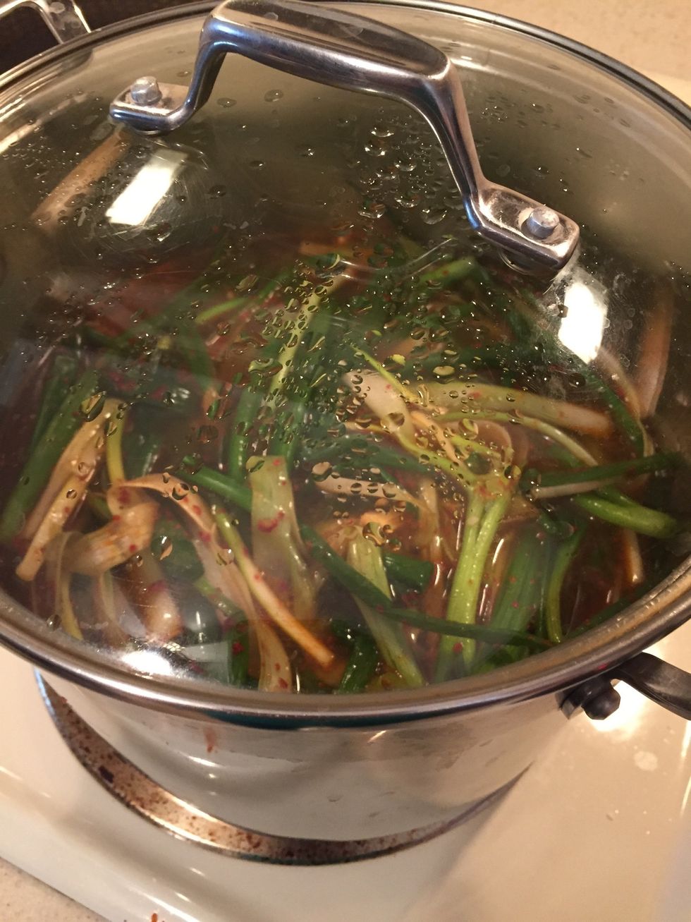 Once soup comes to a boil, add green onions