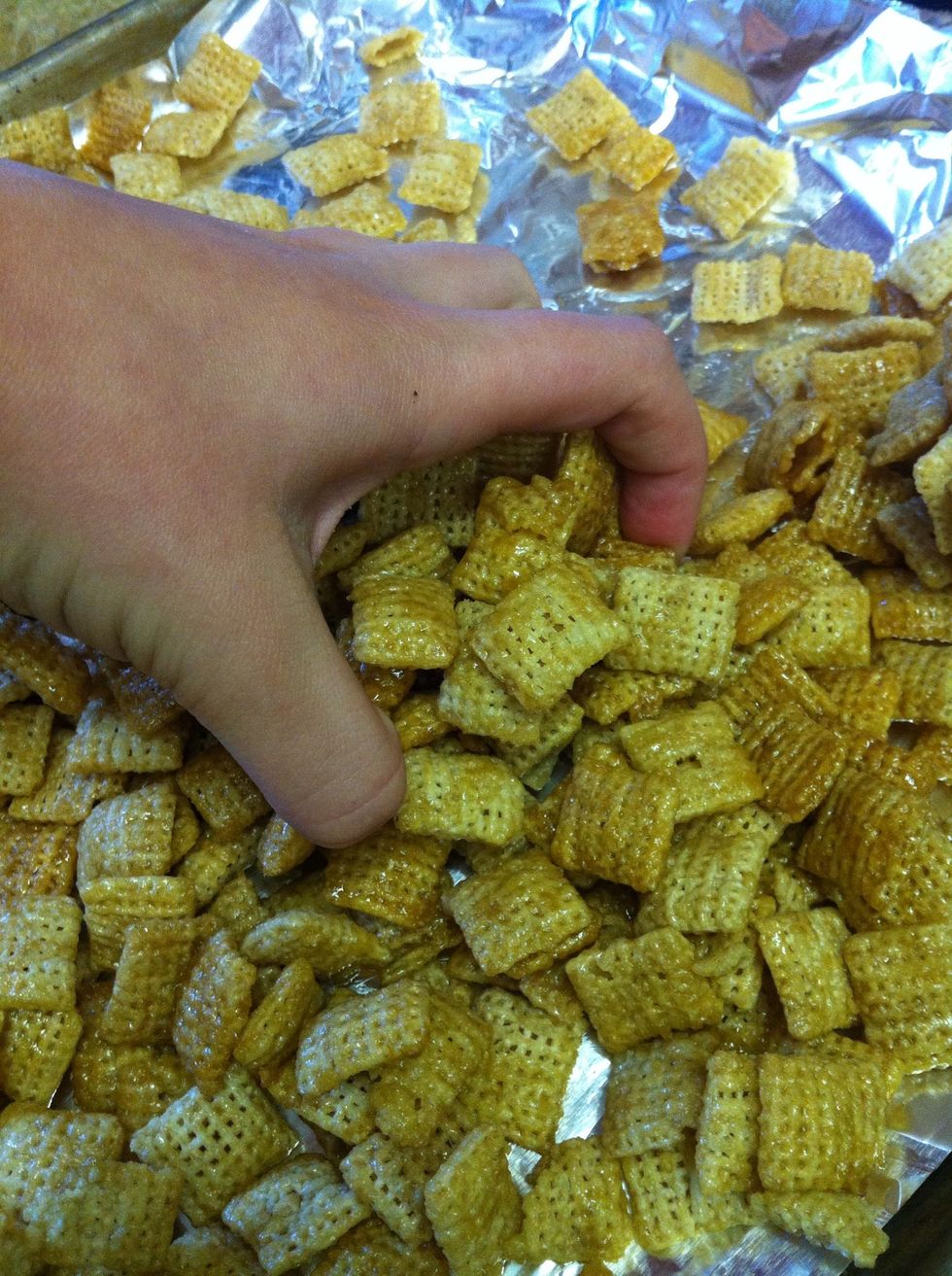 Once the 10 mins are up, break up chex mix....