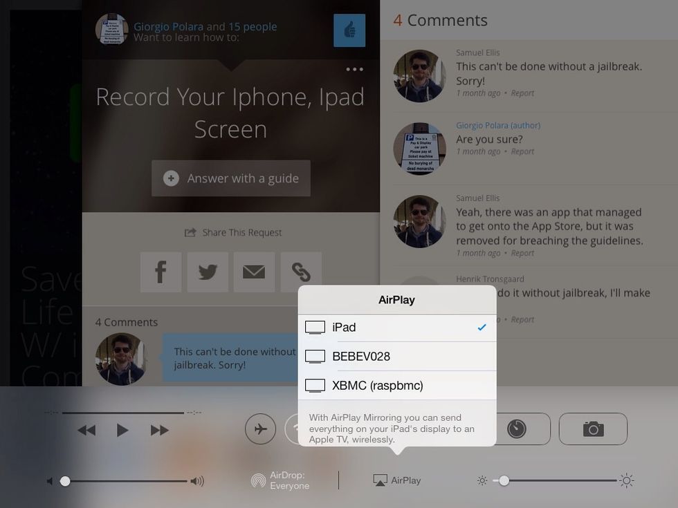 Once the application is started on your pc or mac, you can swipe up on your ios device to show the quick launch bar. Select airplay and the name of your laptop should be in there. Select it\u2026