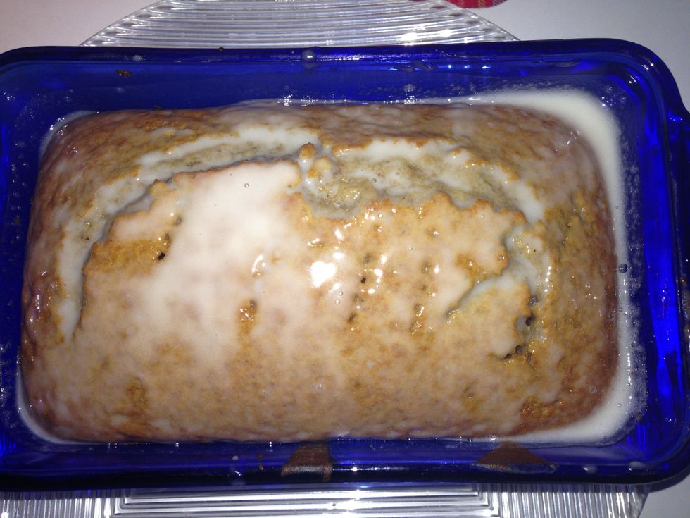 Once the Bananna bread has cooled and the glaze is finished, pour the glaze over the bread in whatever manner you choose. Enjoy your delicious bananna bread!
