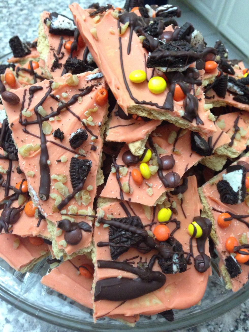 Once the bark is set break it into pieces and put it on a decorative plate! Kids and adults alike will love it (as evidenced by my brothers HS football team)!!