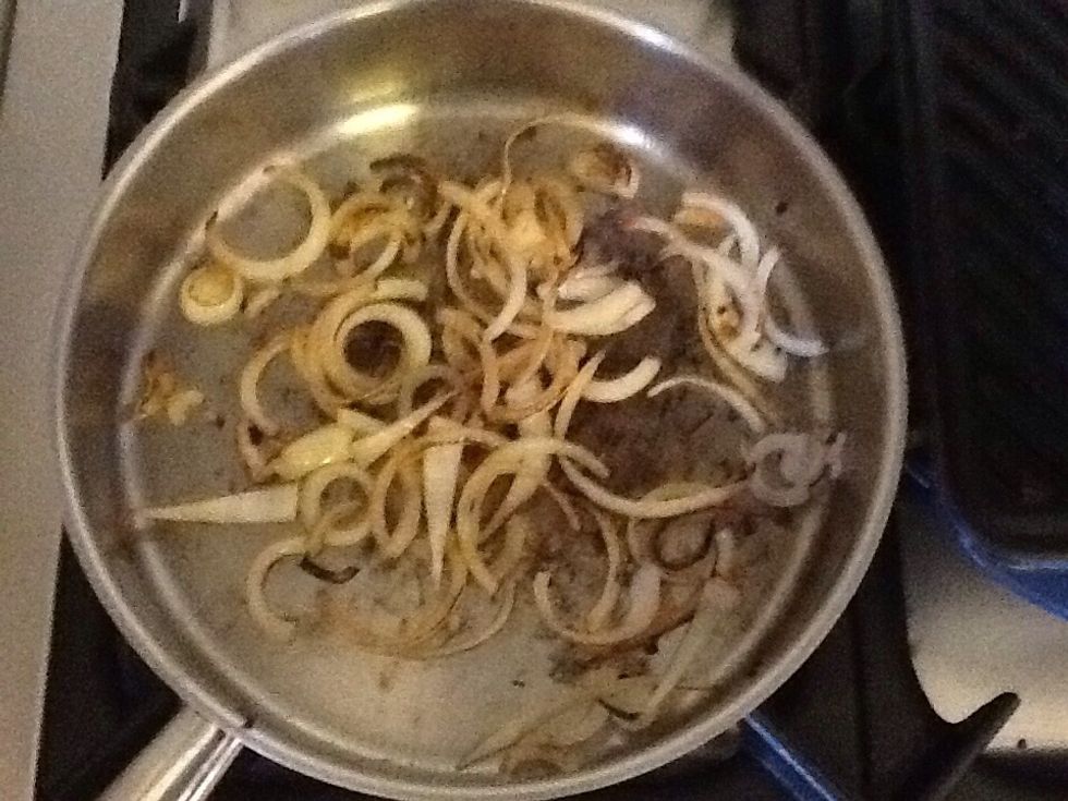 Once the beetroot chips are cooked and in the oven, start to caramelise the onions. This is simply done by putting the onion rings in the pre-heated pan with some olive oil. Cook until golden.