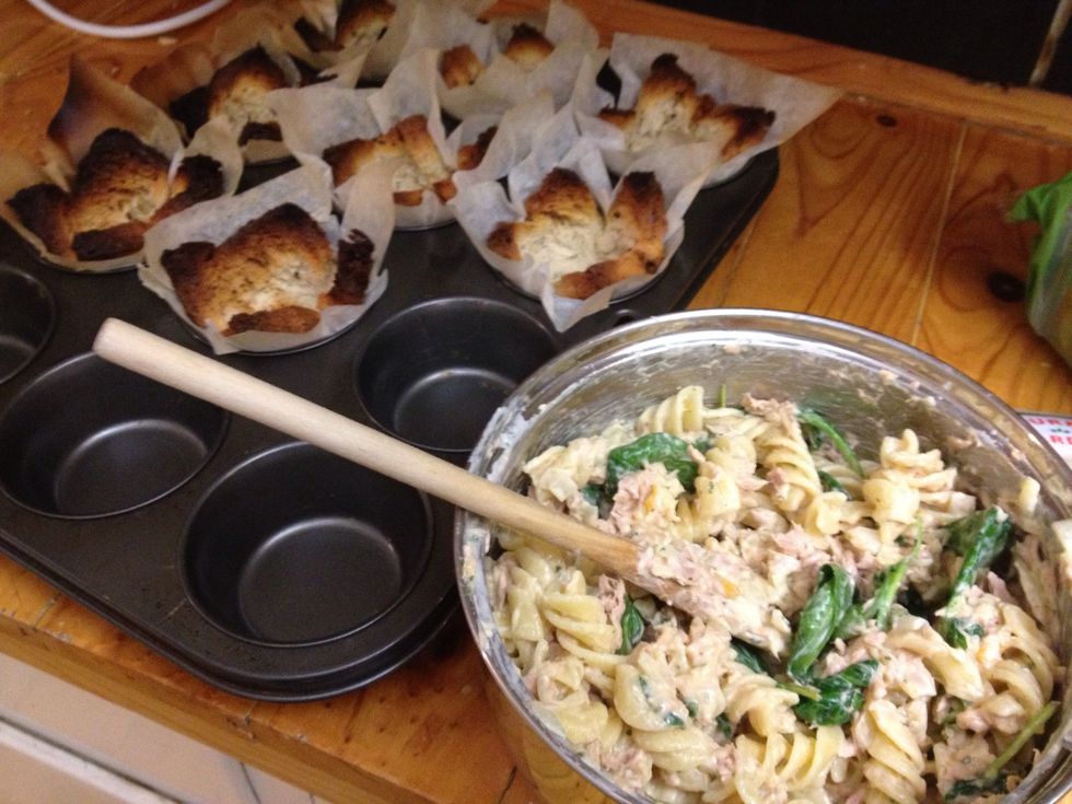 Once the bread baskets are baked dry, fill them with the tuna melt mix.
