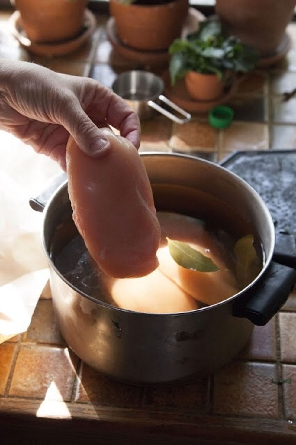 Once the brine is chilled to below 40 degrees, add the chicken to the pot. One way to guarantee a correct safe temperature, is to make the brine the day before so it has enough time to chill.